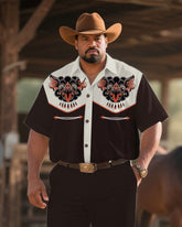 Western Denim-Men's Plus Size Dark Brown Mascot Symmetrical Printed Short Sleeve Shirt Trousers Suit
